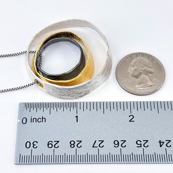 Vintage PZ Israel Sterling Silver 3 Circle Gold Plated Pendant Necklace 31.5" - Picture 6 of 7